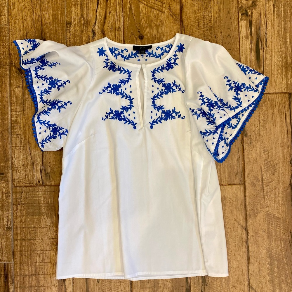 JCrew Flutter Sleeve Top with Embroidered Trim